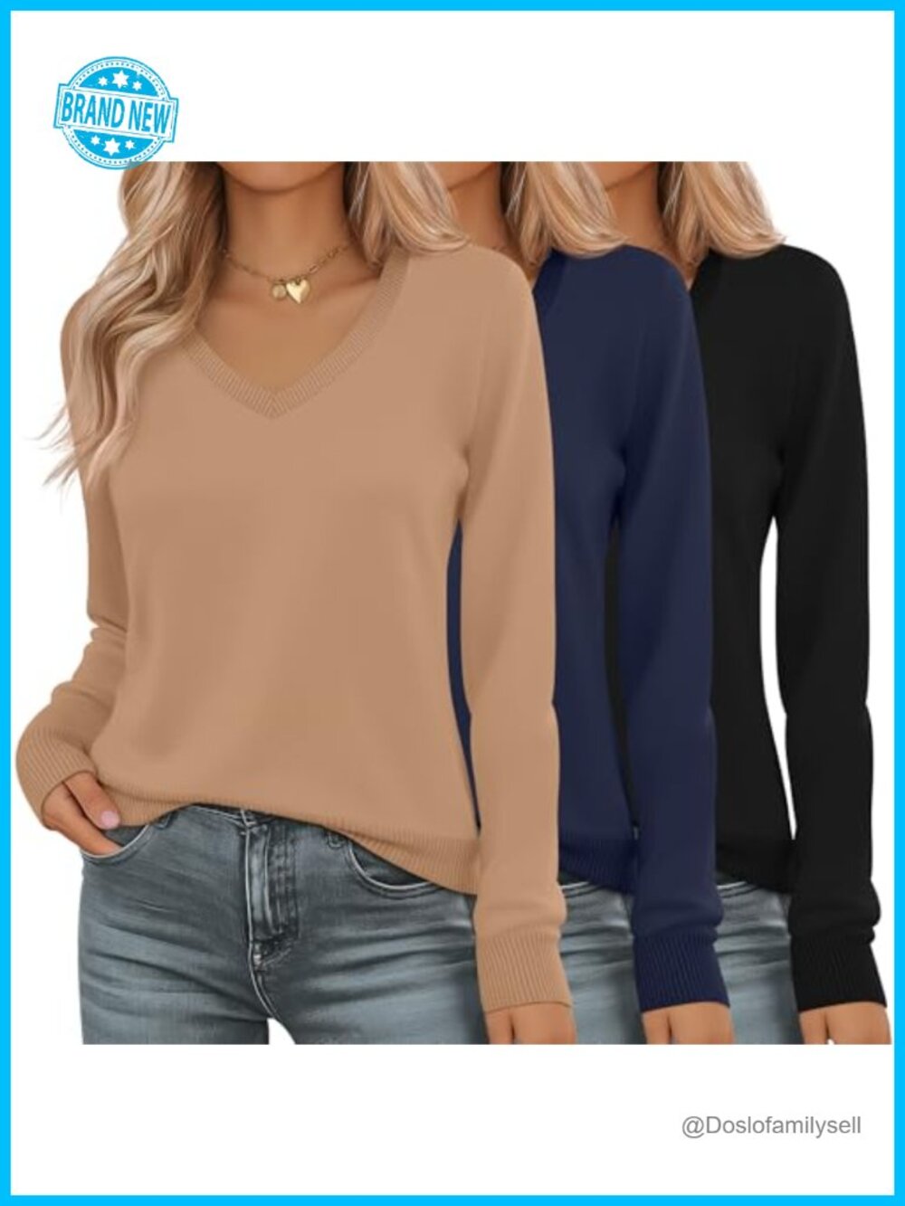 Women's V Neck Knit Sweater 3 Pack Long Sleeve Pullover Lightweight